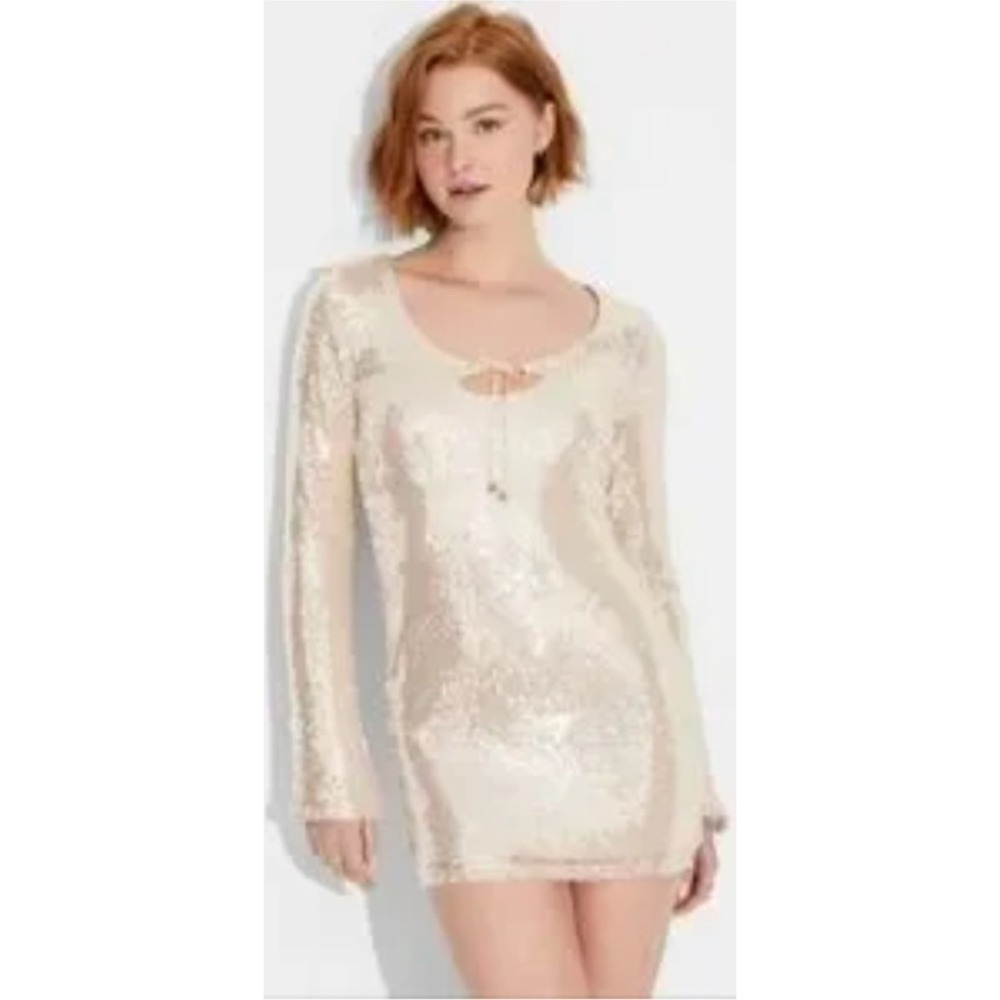 Wild Fable Sequin Long Sleeve Mini Dress Champagne Gold Party Night‎ Out XS NWT